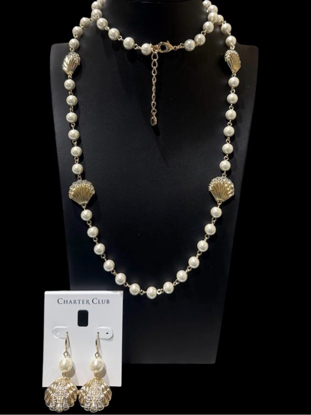 Charter Club Gold-Tone Shell Pave Crystal Faux Pearl Necklace Earrings Set